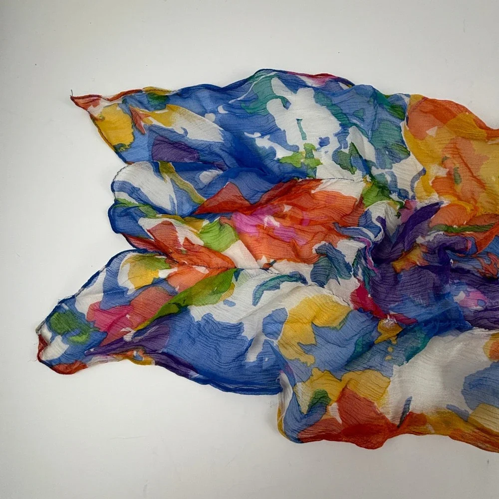 Vibrant Floral Silk Scarf Shawl‎ Wrap Blue Pink Orange Yellow Accent Dopamine